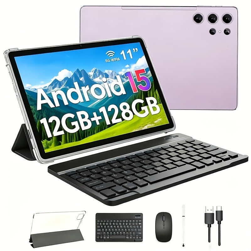 [2in 1 Tablet PC] 2in 1 Android 15 Tablet Latest Tablets, 11 Inch Tablet 12GB RAM 128GB ROM, 2in 1 Tablet with Keyboard, Case, Stylus, Long Battery Life, Tablet PC, 5G Wifi, 8MP+20MP Dual Camera, 1280 * 800 FHD IPS Screen, Tablet, Pad