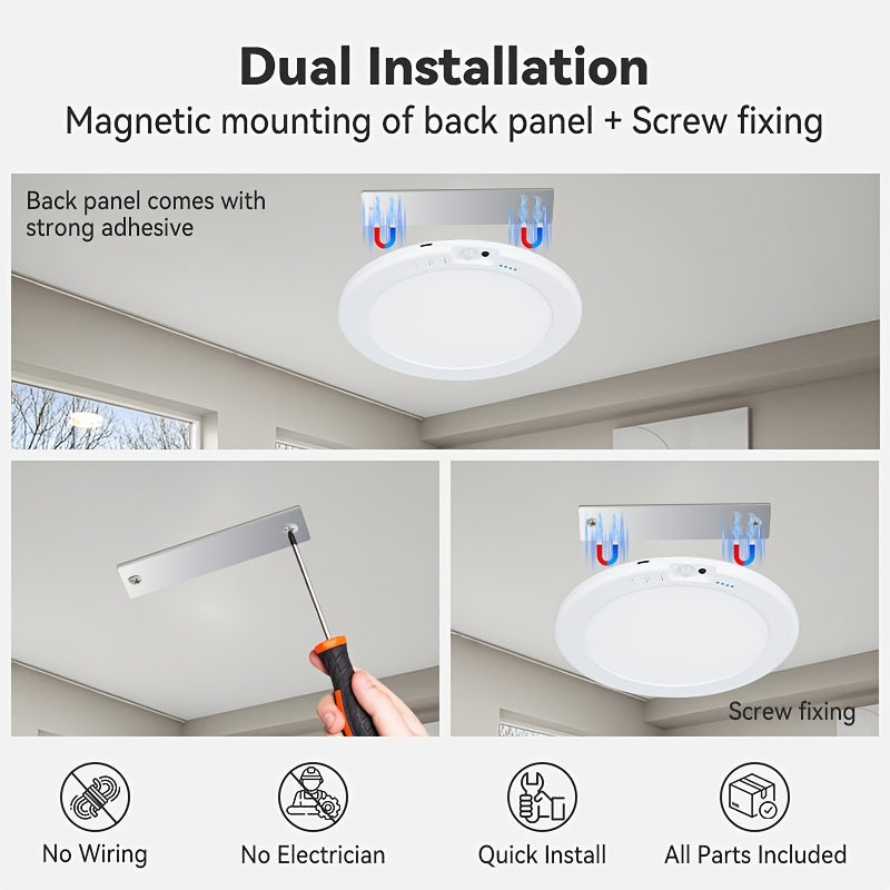 [LED Ceiling Light] 2pcs Rechargeable LED Induction Ceiling Light, 3-Speed Lighting Mode, Motion Sensor With Remote Control, Magnetic Design, Easy Installation, 5500mAh Large Capacity Battery, Suitable For Living Room, Kitchen, Bathroom, Corridor, Porch