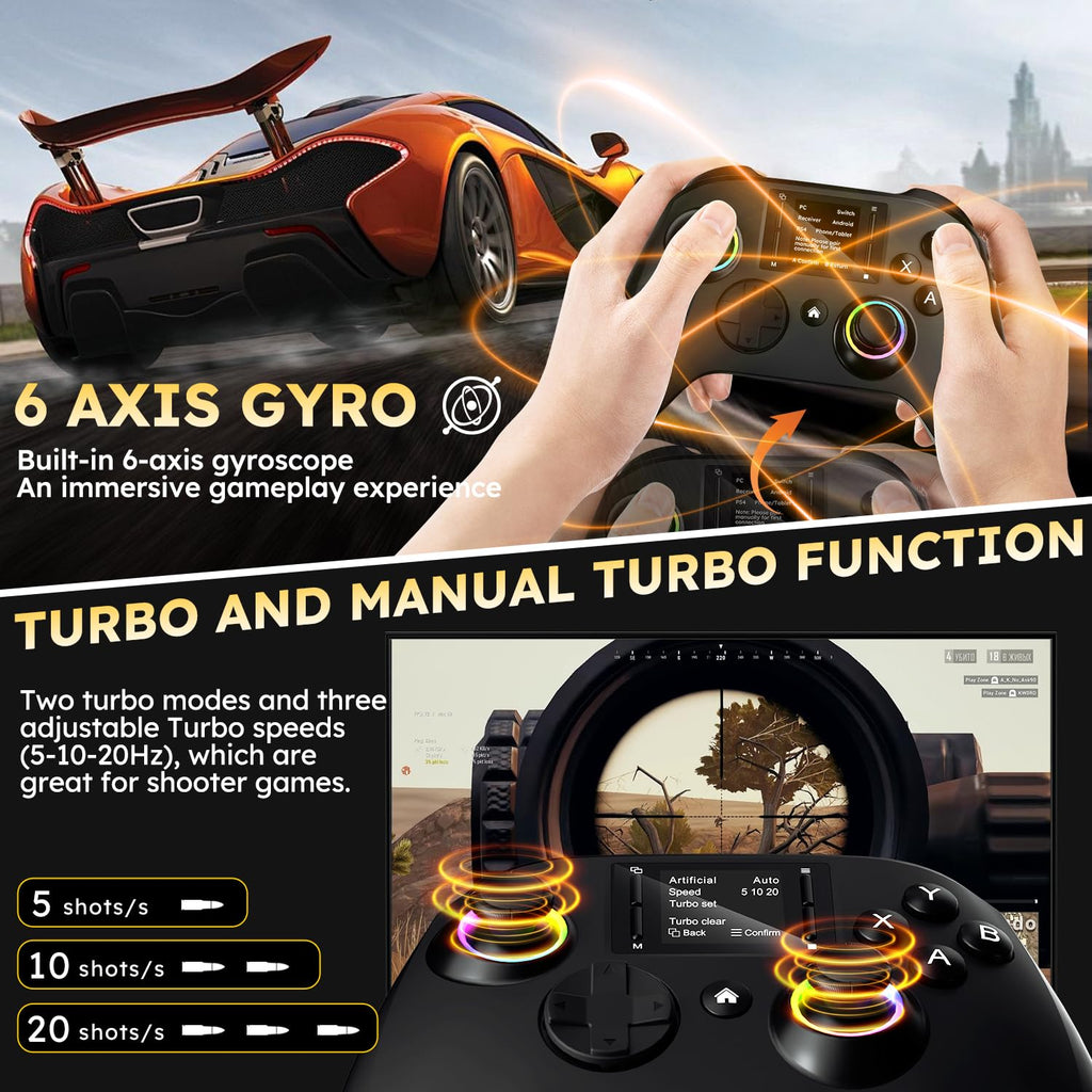 Interactive Wireless Gaming Controller with Touchscreen Compatible with Pc/Ps4/Switch/Android/Ios Devices Features 4 Programmable Buttons with Rapid-Fire Functionality Equipped with a Six-Axis Gyroscope And Dual Vibration Feedback, RGB Lighting