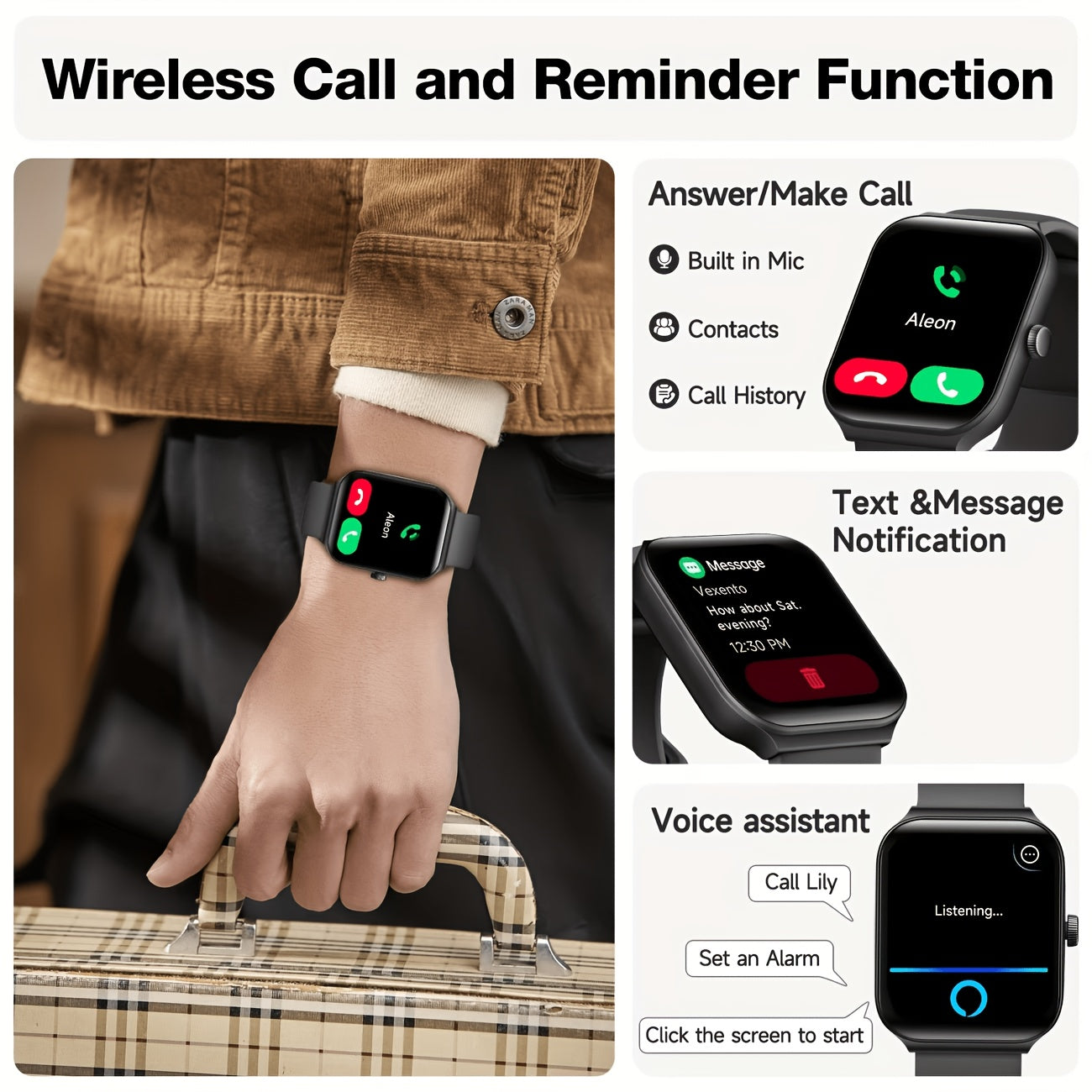 Smartwatch - 1.95" Display, Call Answering, 100+ Sport Modes, Step Counter, Sleep Tracker, Wireless Connectivity, Compatible with Android & iPhone, USB Rechargeable, with Built-In Alexa - Ideal Gift, Health Monitoring Wristband, Casual Style Watch