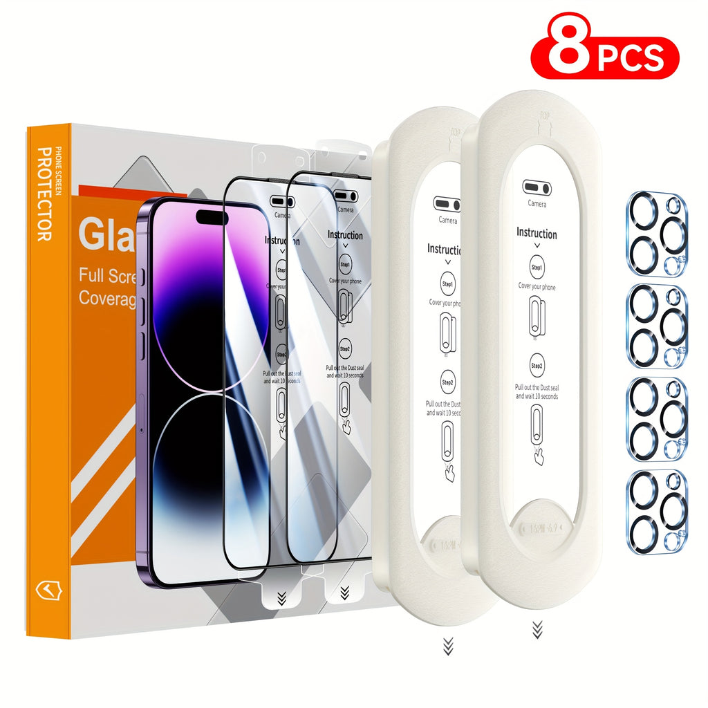 [8PCS] 4pcs Screen Protector for iPhone 16 Pro Max/15/14/13/12/11/Plus/Pro Series with 4pcs Camera Lens Protector, Clear 9H Tempered Glass Film, Super Fast Installation (Dust-Free & Bubble-Free), Alignment Tool