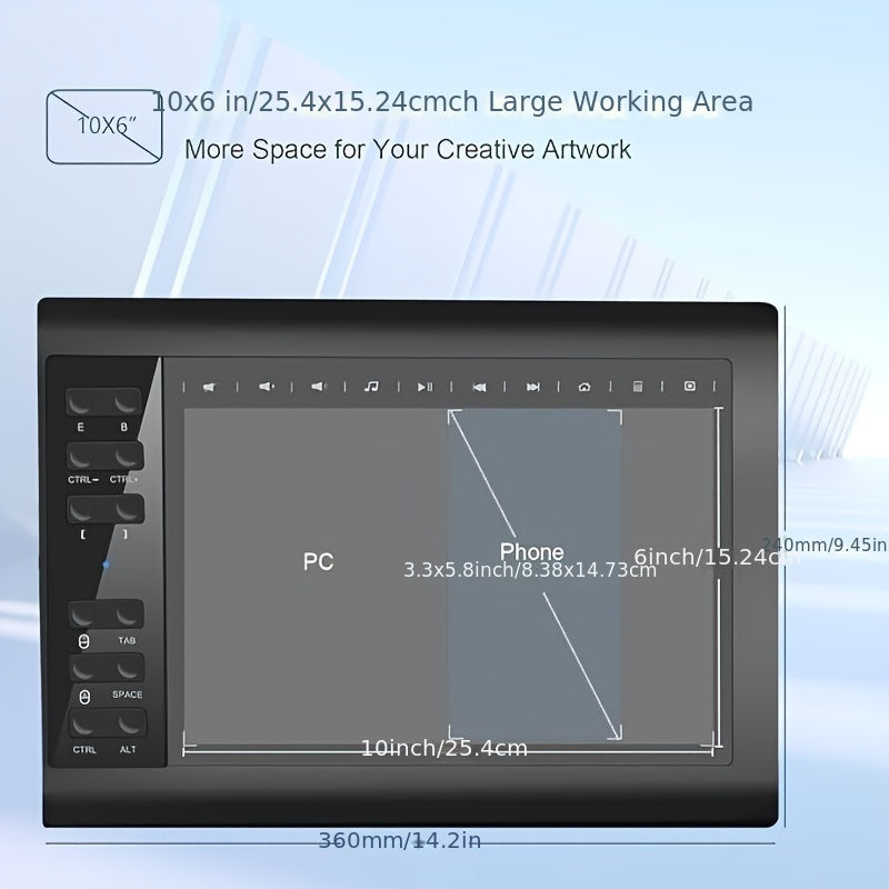 1060Graphic Drawing Tablet, 10 X 6 Inch Drawing Tablet With 8192 Levels Battery-Free Pen And Bag, 12 Hot Keys, Compatible With PC/Mac/Android For Painting, Design & Online Teaching