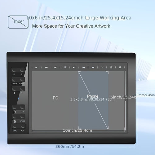 1060Graphic Drawing Tablet, 10 X 6 Inch Drawing Tablet With 8192 Levels Battery-Free Pen And Bag, 12 Hot Keys, Compatible With PC/Mac/Android For Painting, Design & Online Teaching