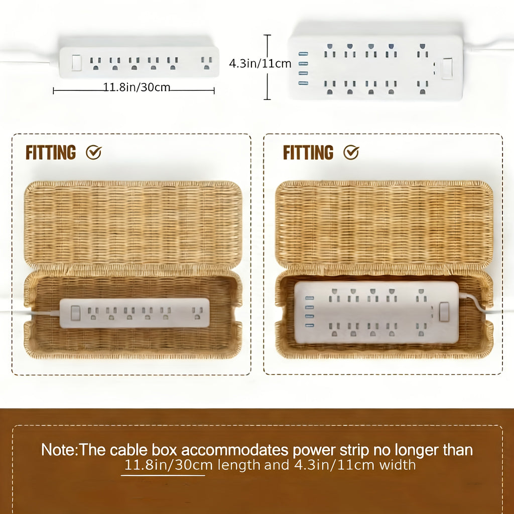 Desktop Cable Management Box with Lid & Imitation Rattan Woven Cover - Cord Suitable for Power Strips, Outlet Cover, Cable Storage Box for Home Office,, Desk - Cord Concealer for Power Strip, Data Cable Holder, Space-Saving