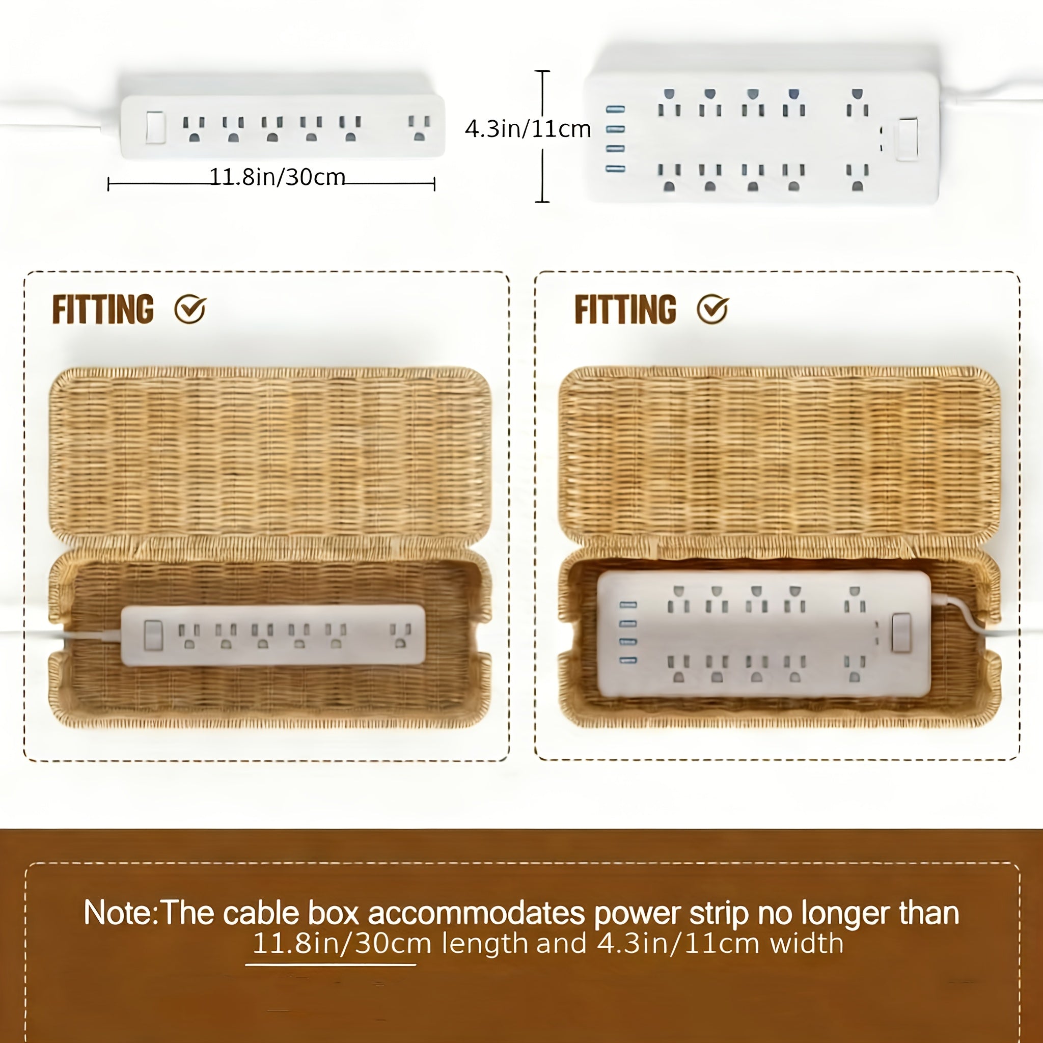 Desktop Cable Management Box with Lid & Imitation Rattan Woven Cover - Cord Suitable for Power Strips, Outlet Cover, Cable Storage Box for Home Office,, Desk - Cord Concealer for Power Strip, Data Cable Holder, Space-Saving