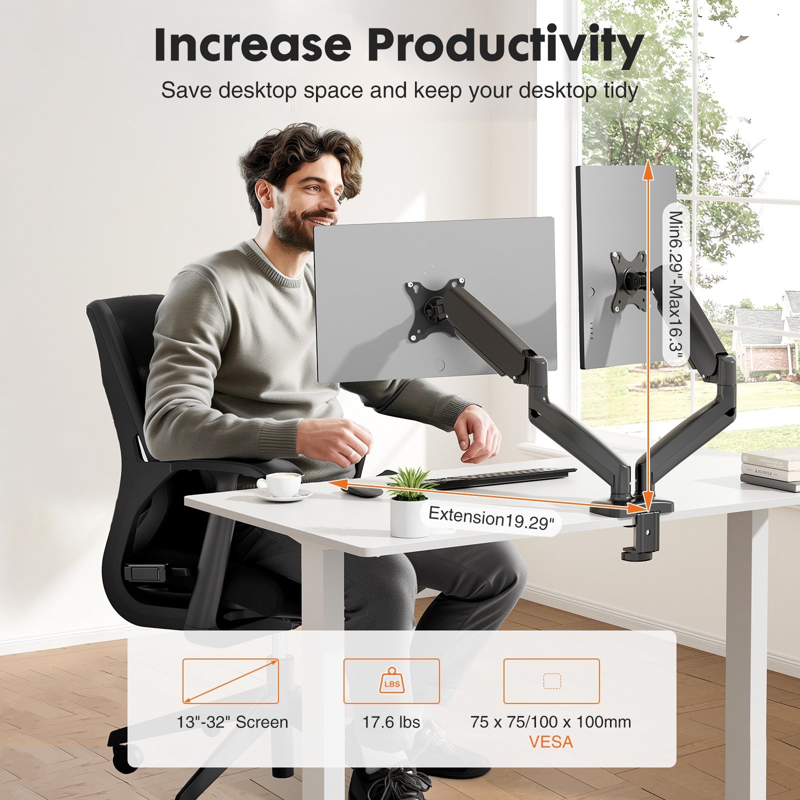 MCQ Ergonomic Single/Dual Monitor Desk Mount with Gas Spring Arm for 13-32 inch Screens, Holds up to 17.6lbs, Adjustable Height and 360 Swivel