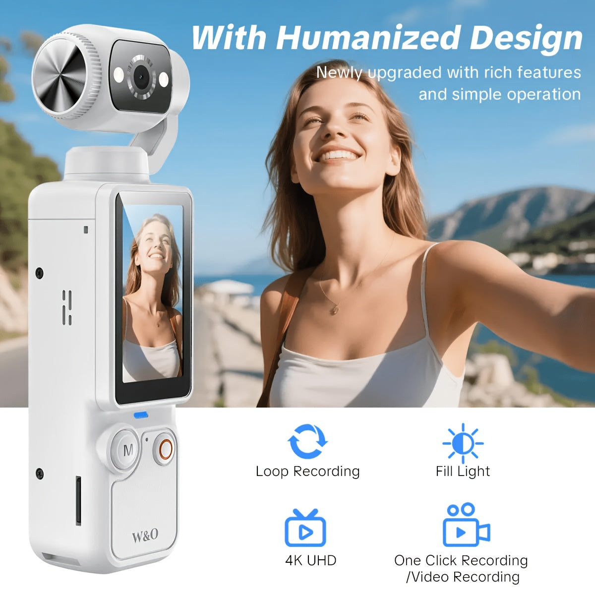 W&O Video Recording Pocket Camera - 1.9 Inch Screen, 180° Rotating Camera Shot, 2000mAh Battery, USB-C Charging, Webcam Camera, 32G Memory Card, Outdoors Sports Camera, Suitable for Cycling, Travel, And Personal Use - Great Birthday Christmas Gift.