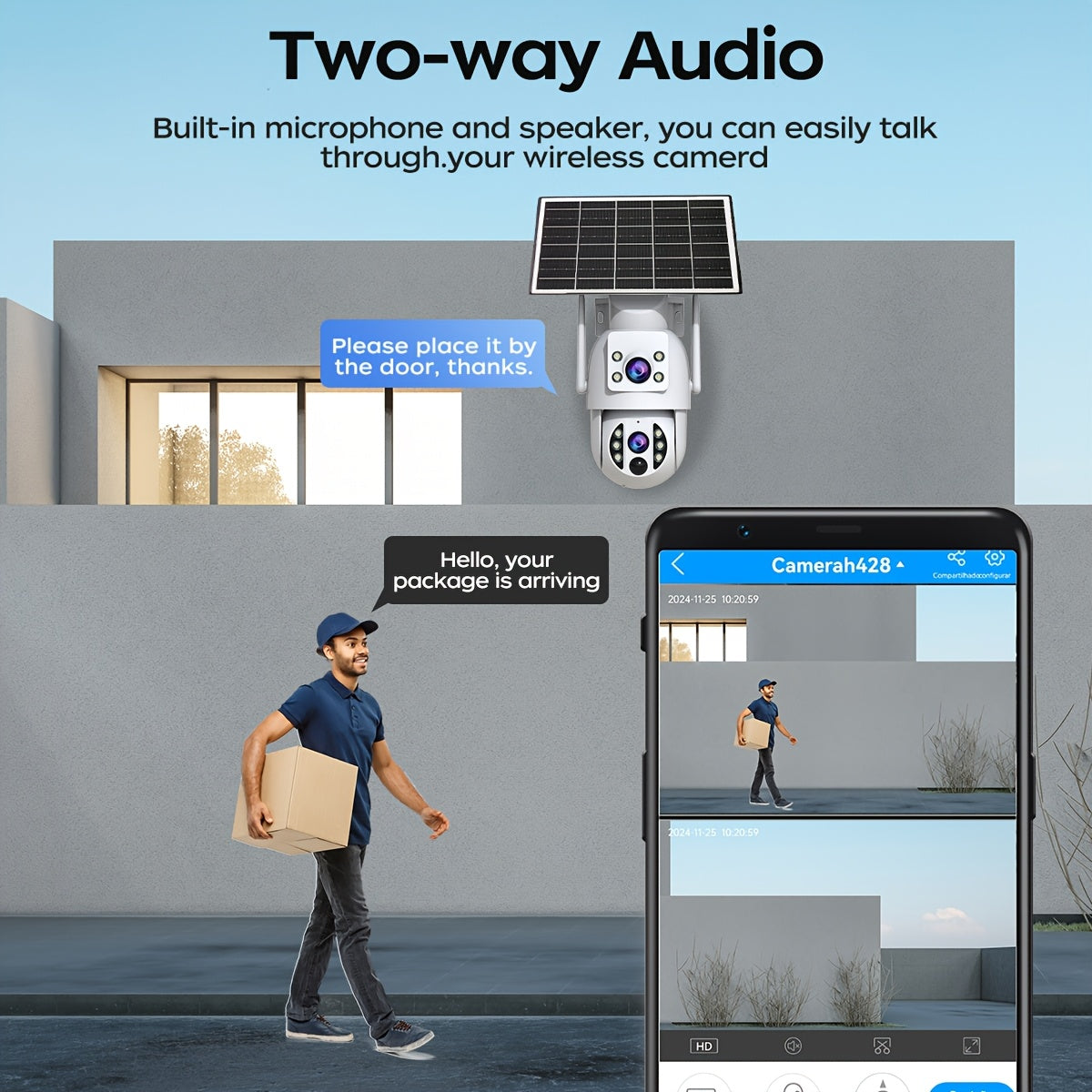 JOOAN Solar-Powered Outdoor Surveillance Camera Featuring 360° PTZ View, Dual Lenses & Display, 1296P HD Quality, Two-Way Communication, Motion Detection Alert, Color Night Vision, Rechargeable Battery, Wall Mounting, Wifi/Sd Storage