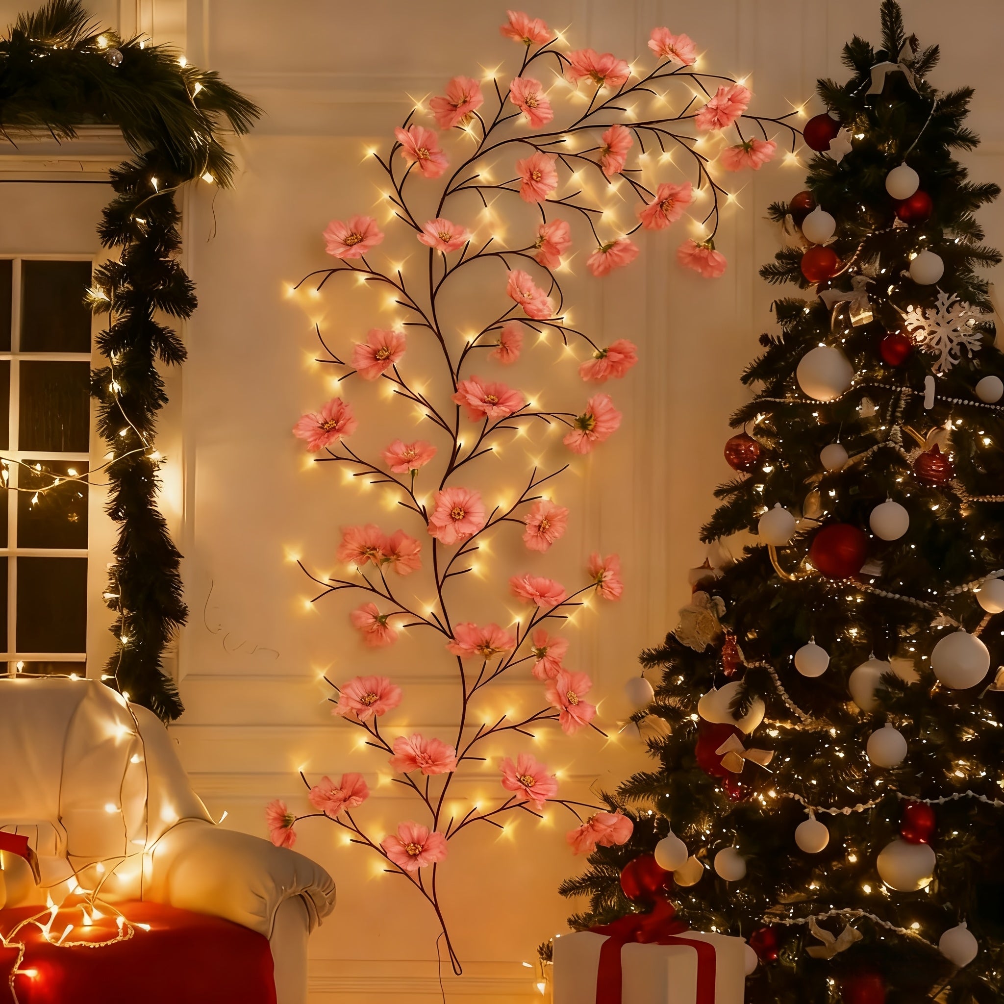 AMill 96-Light USB-Powered Cherry Blossom LED Fairy Lights - 5.9ft Faux Floral Garland with Dimmable Brightness, Warm & Cool Night Light, Plug & Play for Indoor Home Decor, Christmas, Bedroom, Kitchen, Party Decoration (No Batteries/Battery-Free