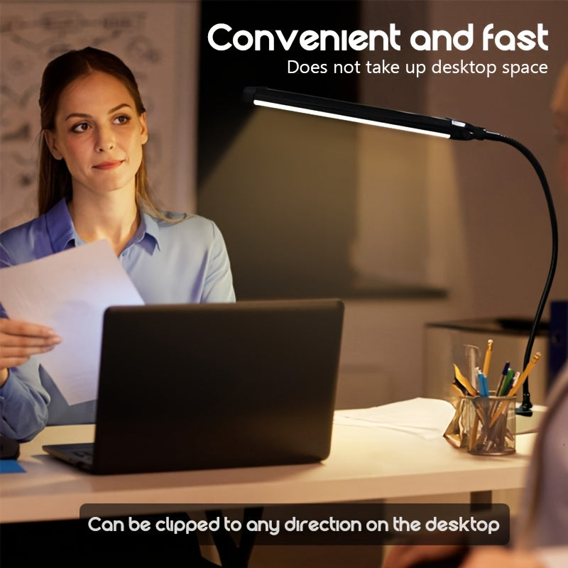 A Clip-On LED Desk Lamp Suitable for Home Office Use, Offering Three Lighting Modes And Ten Brightness Settings, with a Long Flexible Gooseneck And Swing Arm for Focused Lighting, Powered by USB, in Black Color
