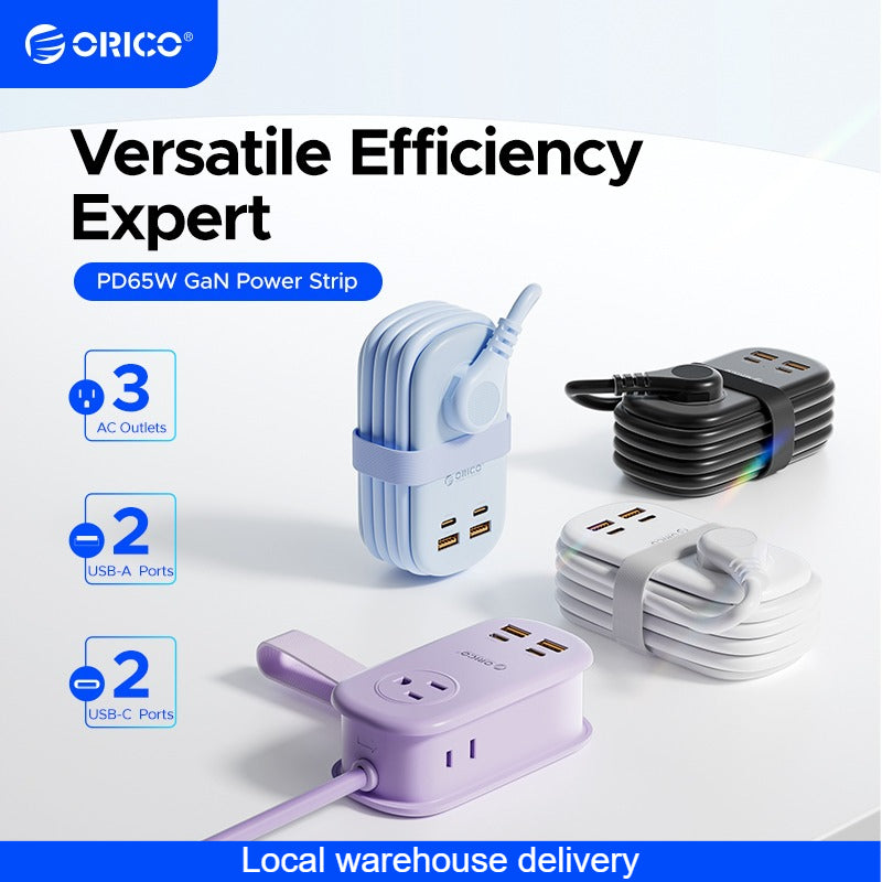 ORICO 65W Portable Power Strip with Fast Charging & Gallium Nitride Technology, Compact Suitable for for Home/Office/Studio, 2 USB-C/2 USB-A/3 US Outlet, Flat Plug & 50.0inch Cable, Compatible for Mobile/Laptop/Tablets/ Devices