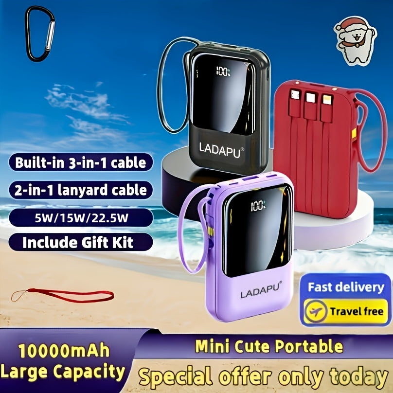 10000Mah Mini Cute 5W Slow Charging/15W Fast Charging/22.5W Super Fast Charging Multifunctional Power Bank, Rechargeable Portable Mobile Phone Charger, Built-In 4 Cables, Ultra-Bright LED Lights Outdoor Travel Battery Packs Smart Digital Display