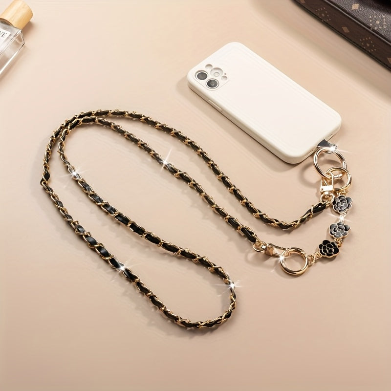 Long Crossbody Pearl Camellia Phone Strap with Metal Pearl Charm And Chain.