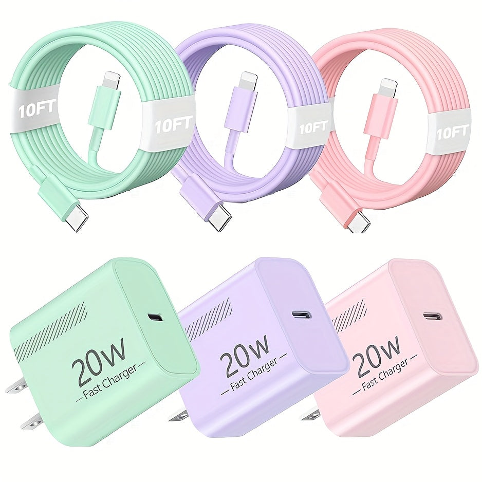 for iPhone Fast Charger 3+3Pack 20W USB C Wall Charger with 10ft L Fast Charging Cable Compatible for iPhone 14/13/12/11/Pro/Pro Max, for Old iPhone Charger