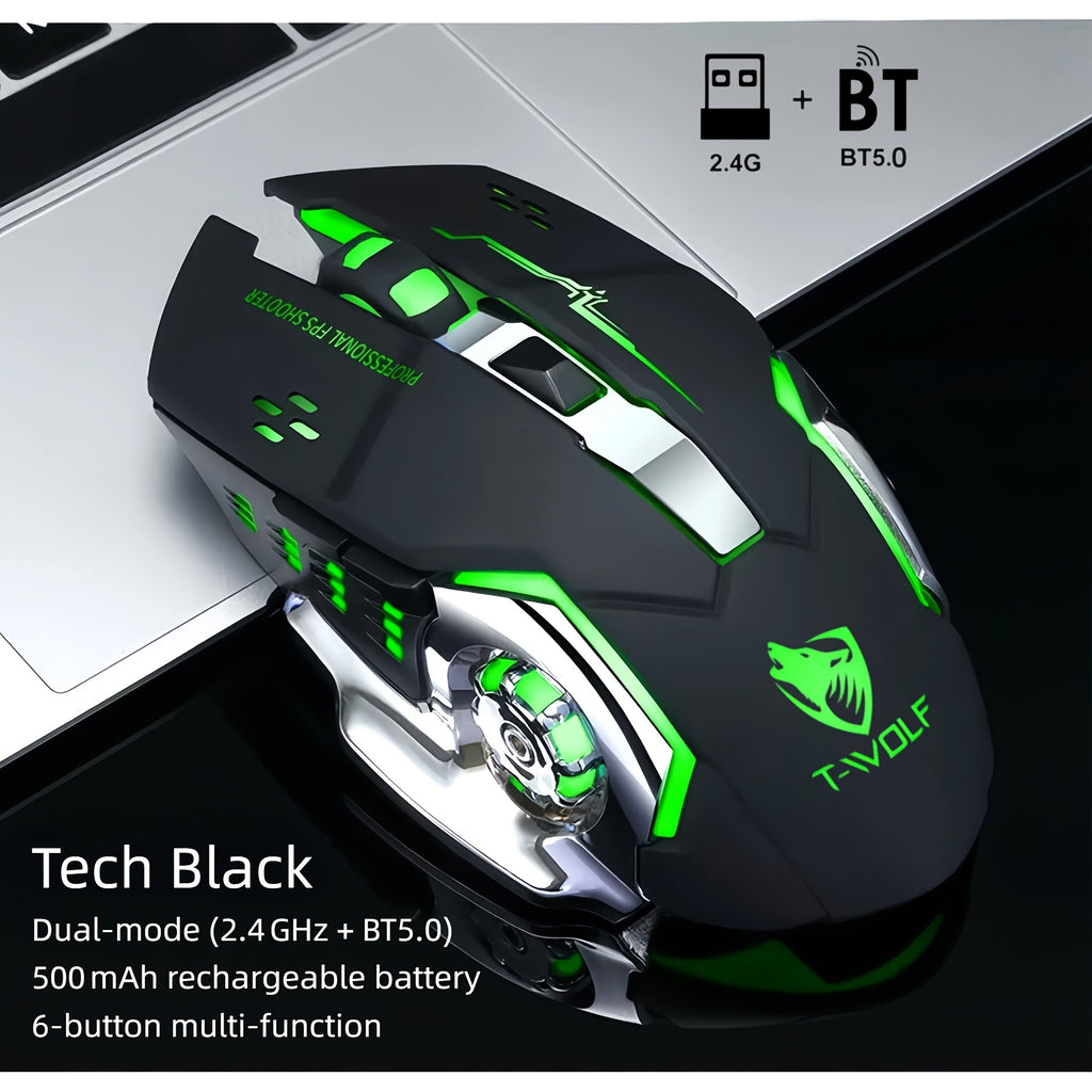RGB Wireless Gaming Mouse - T-WOLF Rechargeable BT5.0 + 2.4G Dual-Mode Mouse, Silent 6-Button Full-Size Ergonomic Comfort for Extended Work & Gaming, Computer & Gaming Accessories, Cool RGB Desk Setup, Back to School Gift