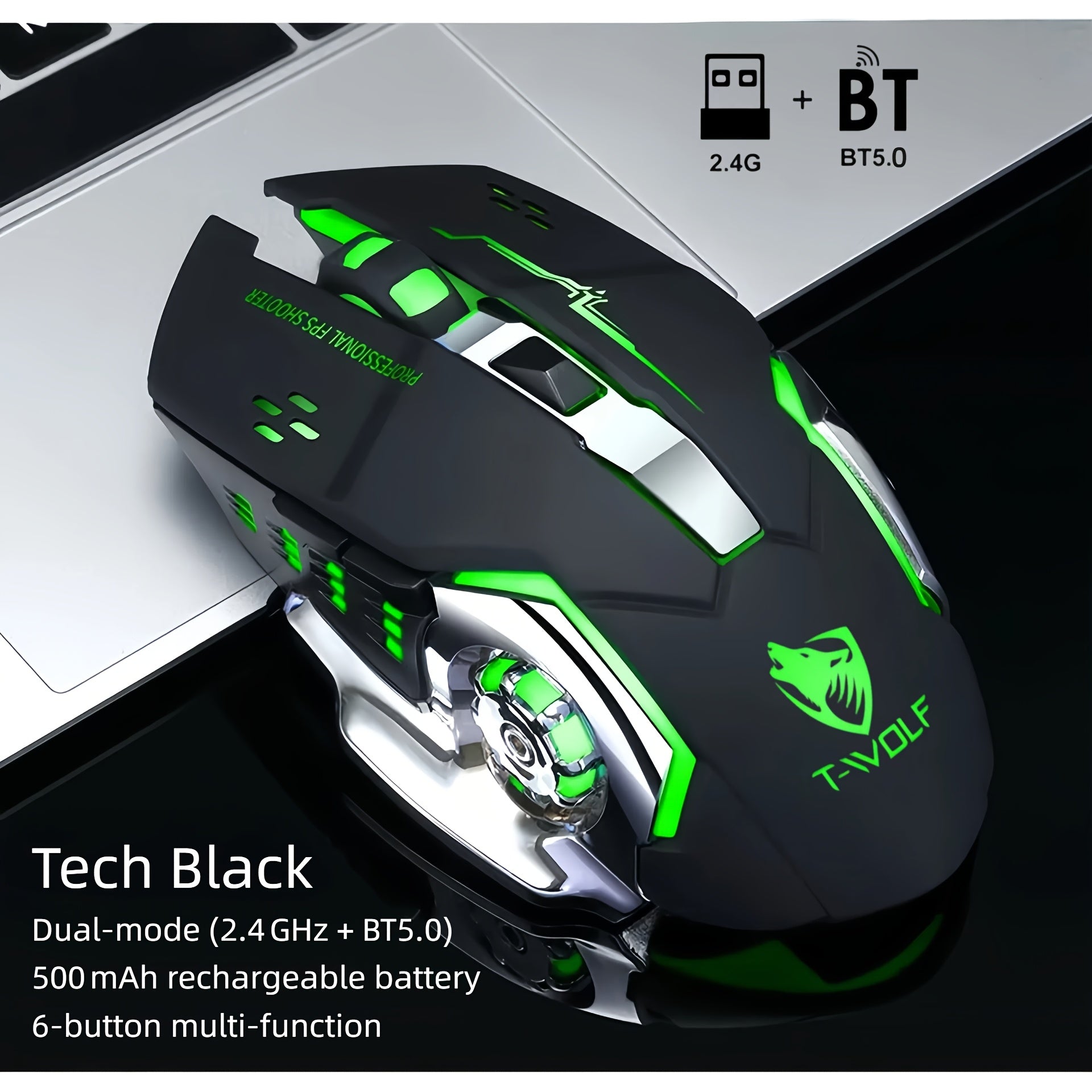 RGB Wireless Gaming Mouse - T-WOLF Rechargeable BT5.0 + 2.4G Dual-Mode Mouse, Silent 6-Button Full-Size Ergonomic Comfort for Extended Work & Gaming, Computer & Gaming Accessories, Cool RGB Desk Setup, Back to School Gift