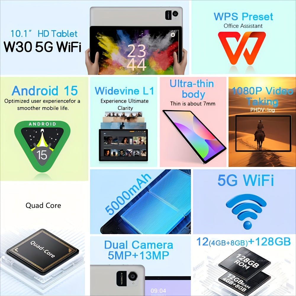 CRELANDER W30 2 in 1 Tablet PC Android 15 Tablet, RAM 12GB (4+8GB Expand)+128Gb ROM, with Case, (Keyboard, Mouse, Pen) Can Optional, 2. 4G/5G Wifi, GMS, GPS, Google, Pad, Tablet PC, Tablet, Tablet, Pad