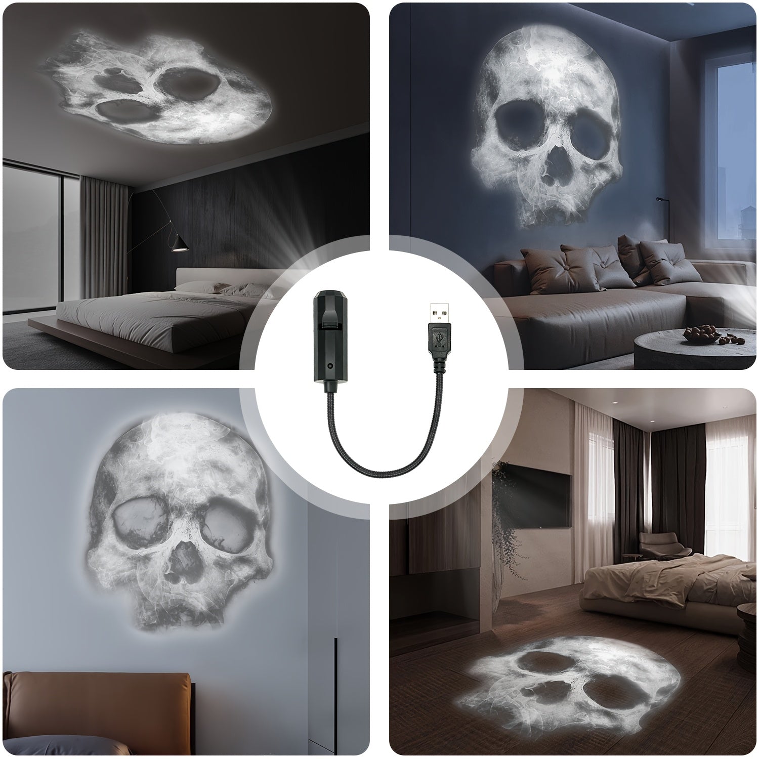 USB-Powered Skull & Palm Print LED Night Light - 360° Rotatable, Touch-Controlled Lamp with Interchangeable Faces for Bedroom, Living Room, Ceiling Decor - Ideal Halloween Atmosphere Maker, Halloween Decor