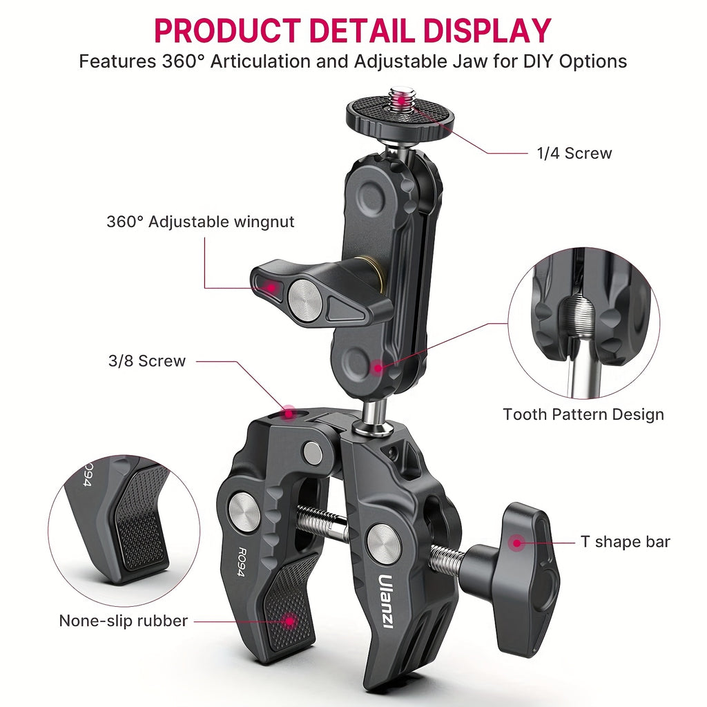 ULANZI Super Clamp Camera Clamp Mount Monitor 360° Ballhead Magic Arm Double Ball Head Adapter with 1/4"-20 & 3/8"-16 Thread for Canon Nikon DSLR Action Camera/LED Lights/Ronin-M/Ronin MX/Freefly MOVI 1pc/2pcs/3pcs)