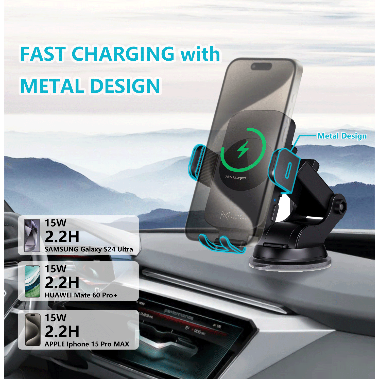 Ultra-Fast 15W RapidWireless Car Charger - Smart Auto Clamping Phone Mount for iPhone 15 14 13 12 11 Pro Max, Galaxy S23 S22 S21 - Hassle-Free, Seamless Compatibility