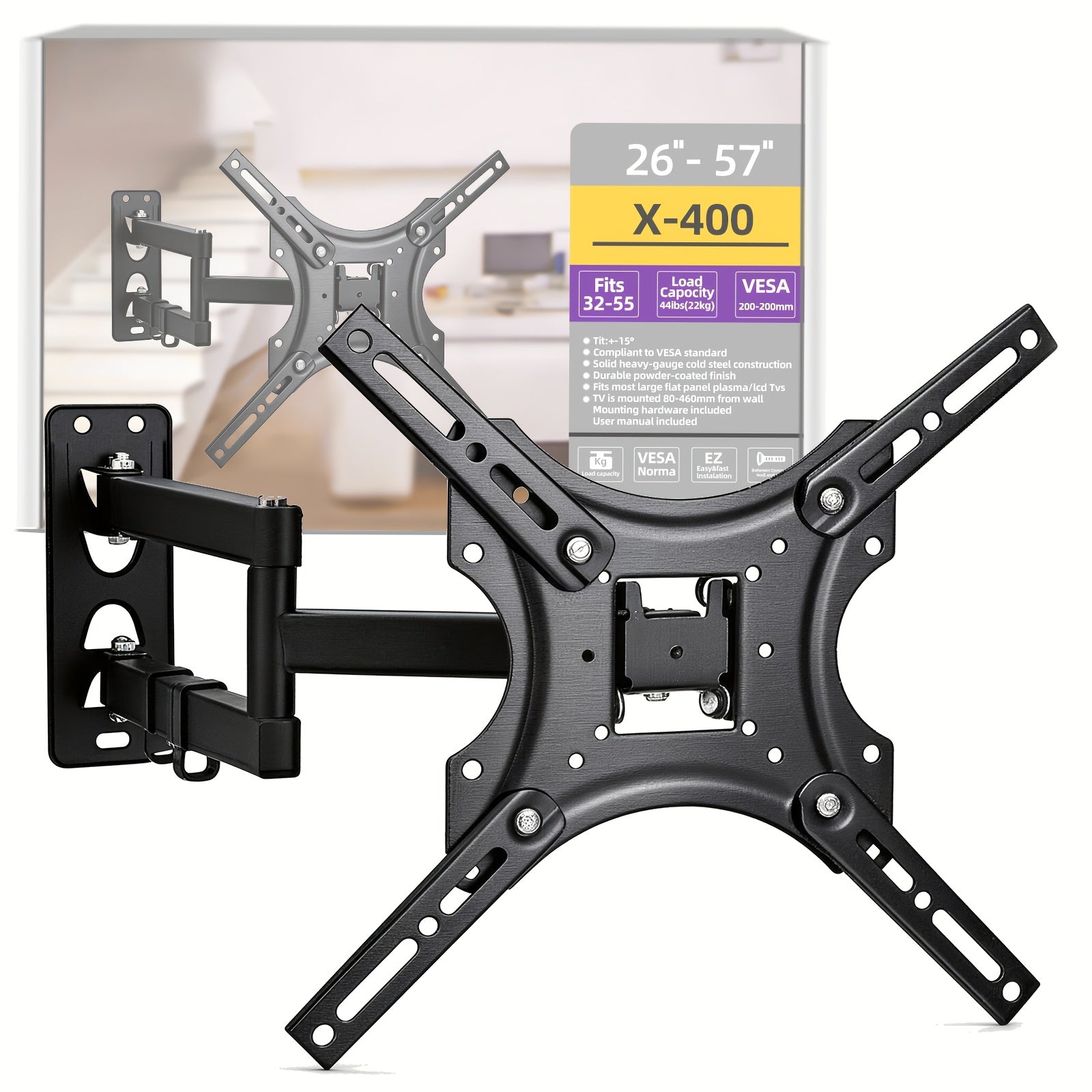 LOVFEN Full Motion Articulating TV Wall Mount, with Swivel And Tilt, for 26" to 57" TVs And Flat Panels Up to 66 Lbs, VESA Compatible, Black
