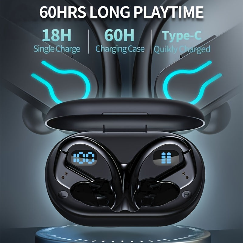 True Wireless Bluetooth Headphones with Microphone, In-Ear Wireless Earbuds, TWS In-Ear Over-Ear Headphones, Featuring ENC Noise Reduction, Touch Control for Volume, Wireless Ear Hooks, LED Charging Case Display, Semi-Open Back Cover