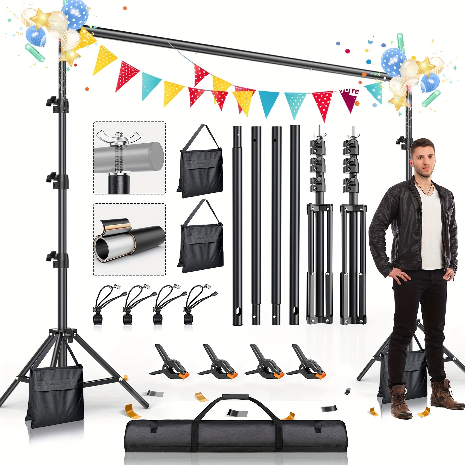 BEIYANG 10 X 8.5 Feet Photography Background Stand, Adjustable Photo Background Stand for Photography Video Studio, with Portable Bag, Clamps