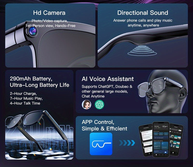 AI Video Glasses with Real-Time Translation (163 Languages) & 4K Recording - FPV Camera, 8MP Wide-Angle, 4GB Storage, Wireless, ic - Smart Glasses for translation Device, Action Camera for &, Travel/Driving