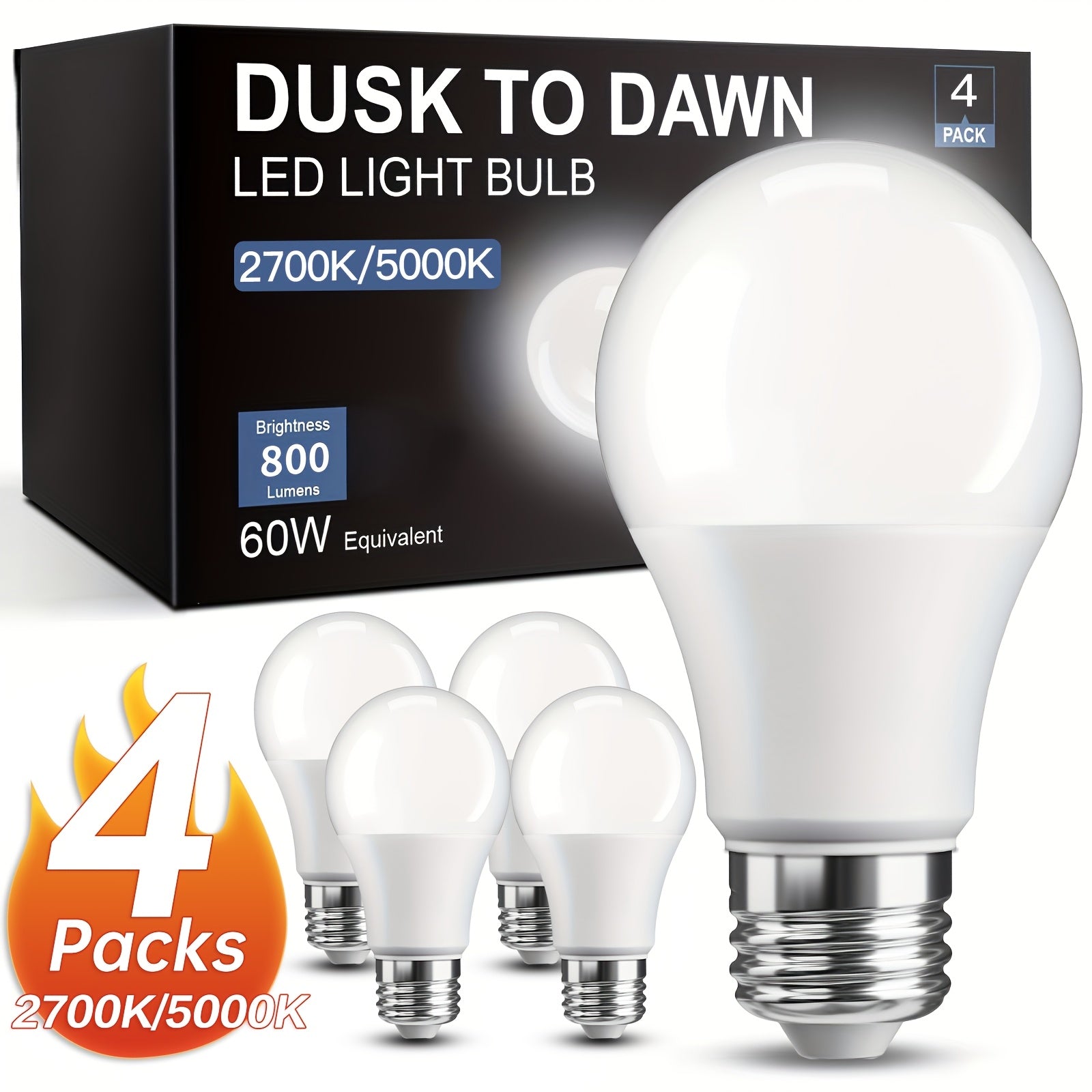 Set of Four Dusk-To-Dawn LED Bulbs with Light Sensors, Automatically Turning on And Off, Equivalent to 60W But Using Only 9W, Available in White at 5000K/2700K, Featuring an E26 Base