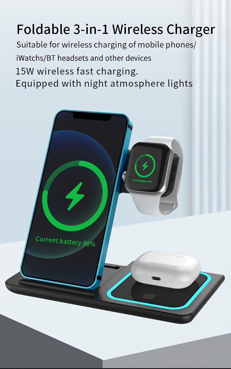 Wireless Charging Station 3-In-1 Standard 15W Fast Mag-Safe Charger Stand, Suitable for Iphone 17, 16, 15, 14, 13, 12, 11, 8, Pro Max/Pro/Mini/Plus, Iwatch Ultra 11/10/9/8, 7/6/5/4/3/2, SE, Airpods 4/3/2/Pro/Pro2/Pro3