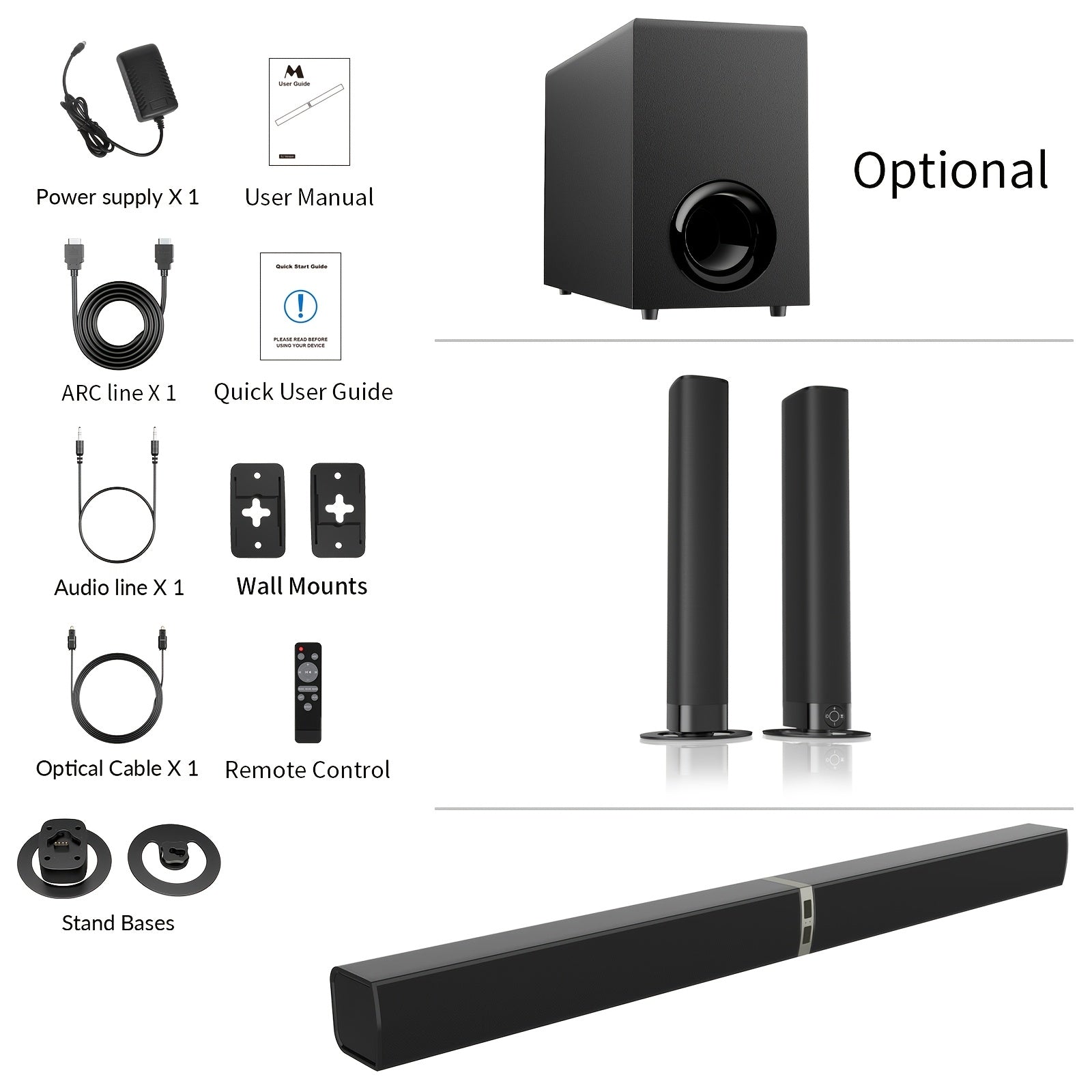 2 IN 1 TV Sound Bar, SoundBar For Smart TV, Wireless Speaker Surround Home Audio, Sound Bars With Subwoofer, ARC/Optical/AUX Connection, With Infrared Remote Control