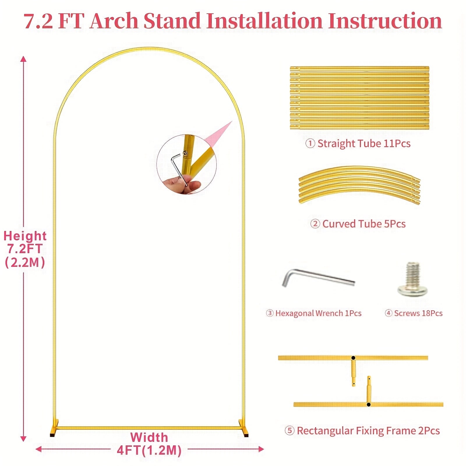 Arch Backdrop Stand, Set Of 2 Metal Arch Stand (7.2FT+6FT), Golden Wedding Arch Frame For Party, Baby Shower, Holiday, Ideal For Balloon Flower