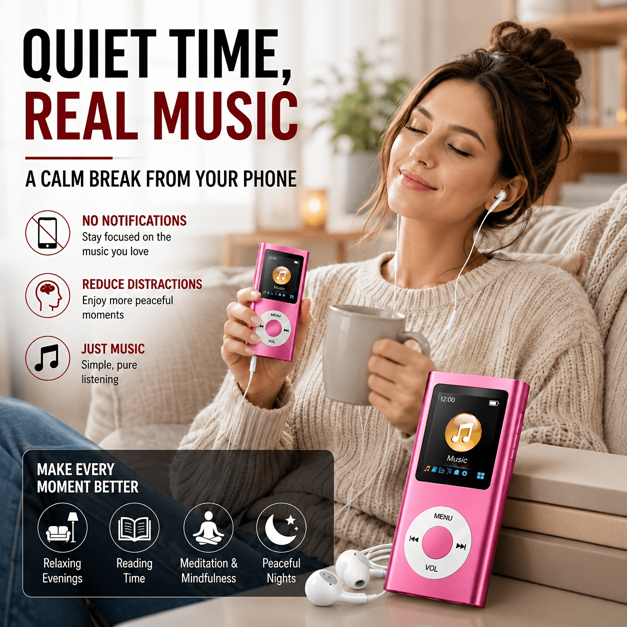 Portable MP3 Player, Stylish Slim 1.8 Inch LCD Music Audio Player with Earphone And Charging Cable, Aluminum Alloy Body, 200mAh Rechargeable Lithium Battery, Supports MP3 WMA FLAC APE, TF Micro SD Card Playback Up to 64GB Card Not Included