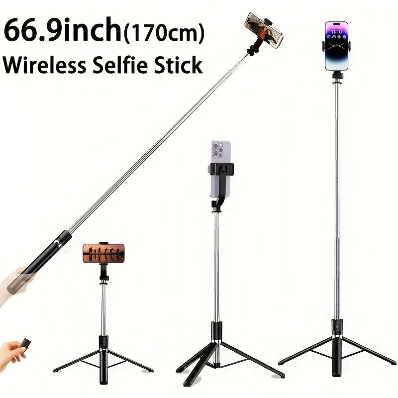 Professional Retractable Selfie Stick with Floor Tripod, 68 Inch, Stable Anti-Shake Design, 360° Rotation, Wireless Remote, Ideal for Travel Vlogs & Outdoor Live Streaming, Compatible with iPhone/Android Smartphones