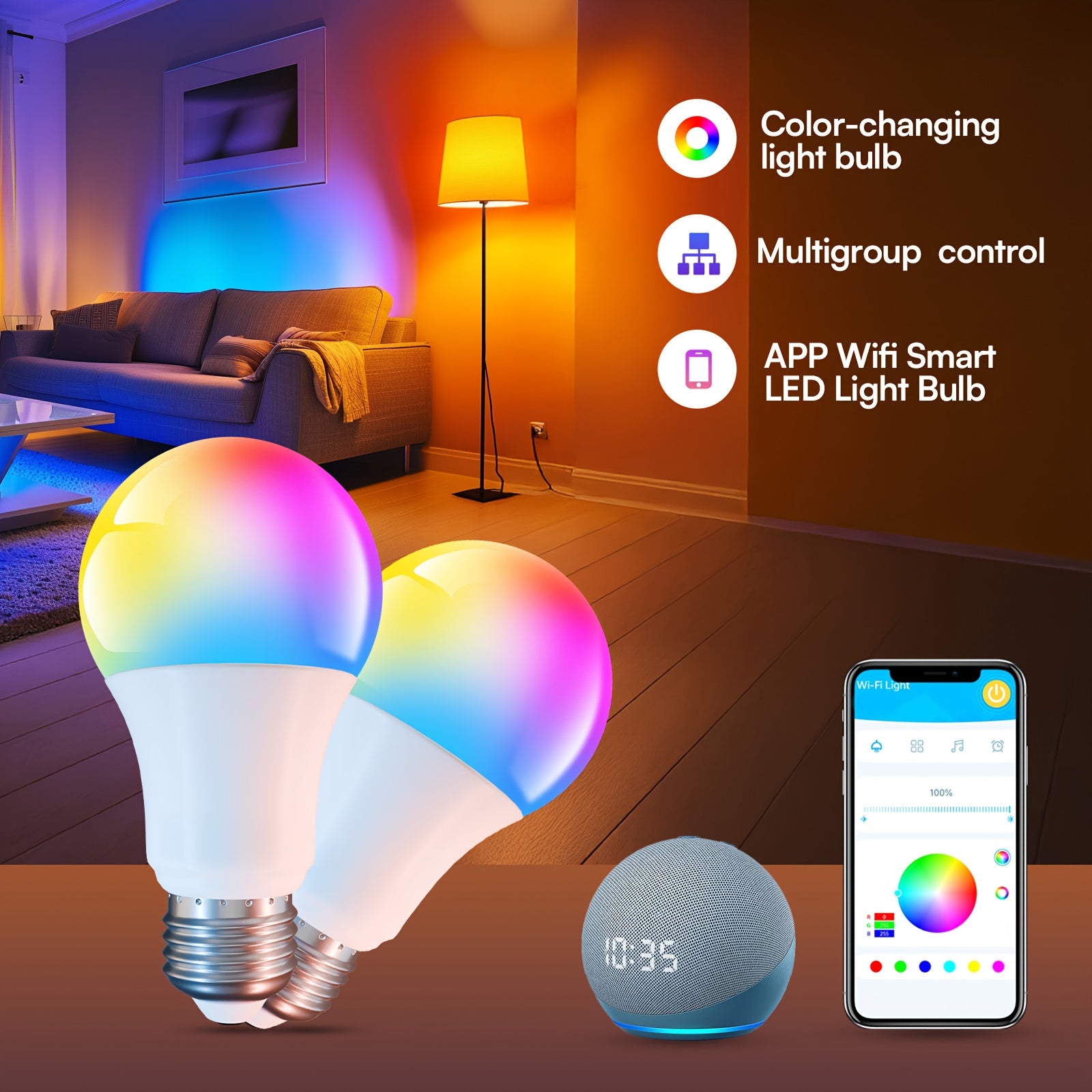 2 Pack Smart RGB Light Bulbs Compatible with Alexa And Google Home, LED Color-Changing Light Bulbs with 104 Preset Scenes, Music Sync Functionality, A19 E26 2.4GHz WiFi Connectivity, Ideal for Bedroom, Living Room, And Gaming Room Decoration,
