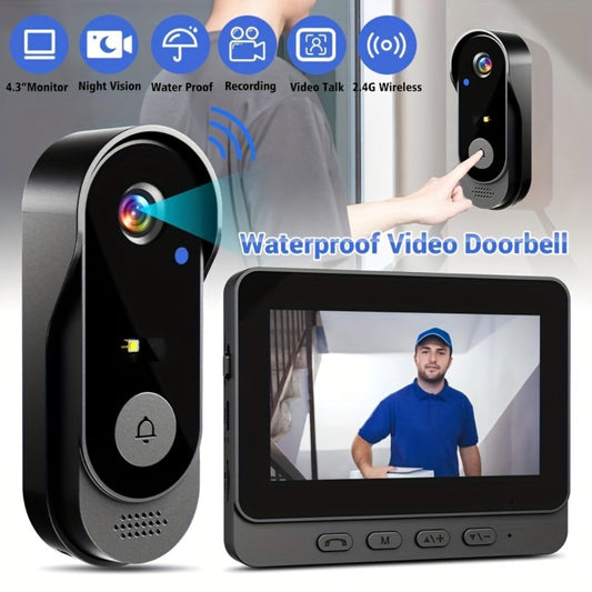 Smart HD WiFi Doorbell, High Quality High-Quality Wireless Camera with Night Vision, Voice Converter, Photos & Videos, 4.3-Inch Screen, 365-Day Standby, Infrared Night Light, Expandable to 128GB Storage, Auto-Recording and Live Call, Home Pet