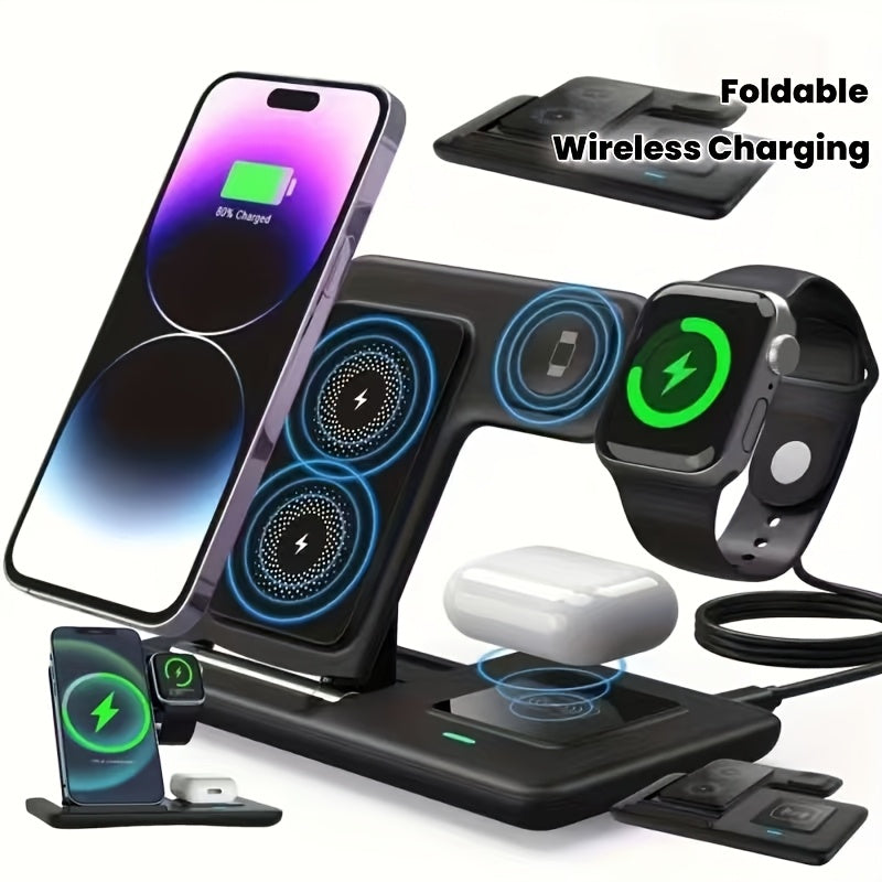 3-In-1 Wireless Charging Station, 15W Fast Foldable Mag-Safe Charger Stand, Compatible with iPhone 15/14/13/12/11/X/8 Pro Max/Pro/Mini/Plus, iWatch Ultra9/8/7/6/5/4/3/2, Airpods 3