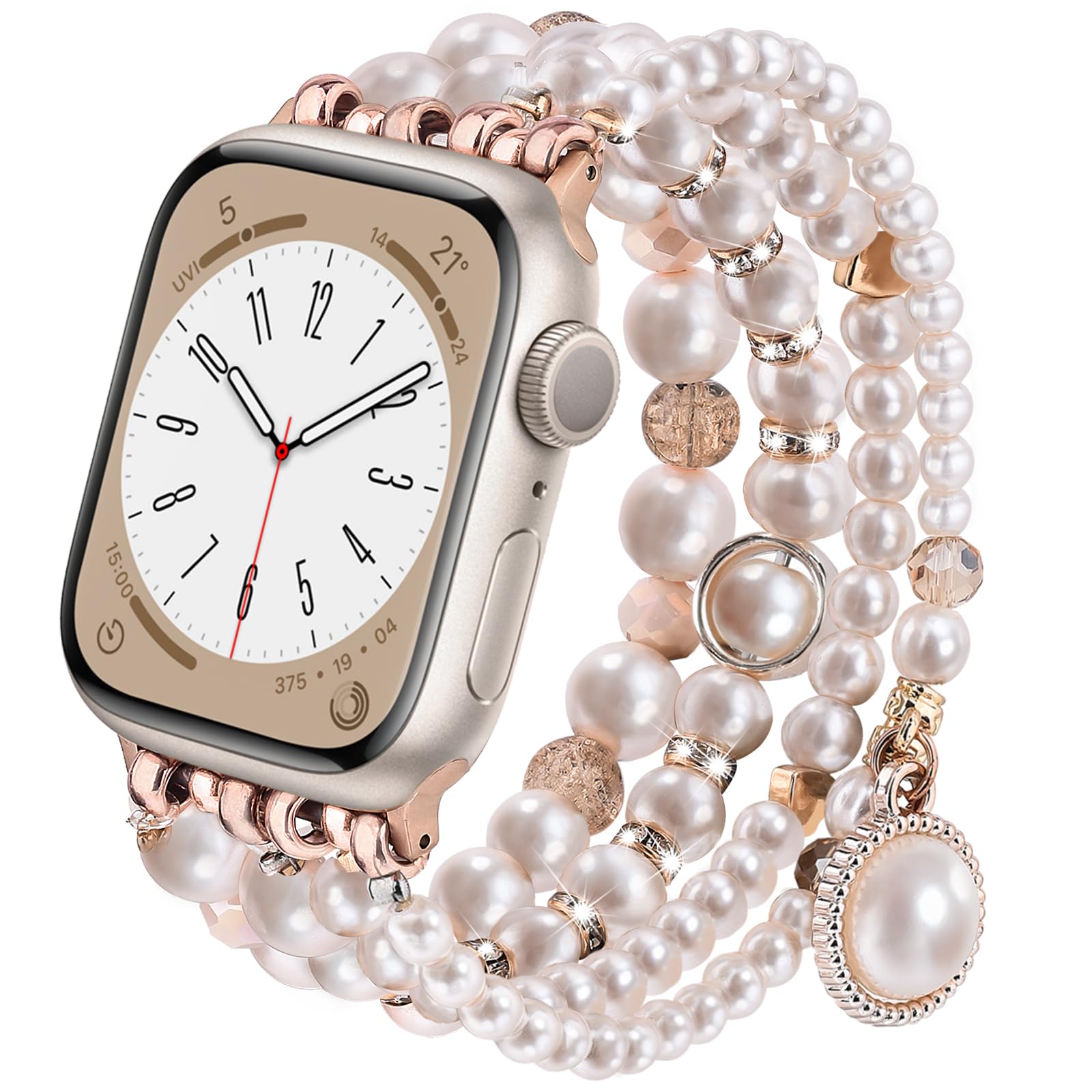 V-MORO Compatible for Apple Watch Pearl Bracelet Compatible with Series 11/10/9/8/7/6/5/4/3/2/1 & SE Smartwatch, Bling Strap Jewelry, Cute Elegant Pearls for / (Compatible with iWatch Series)