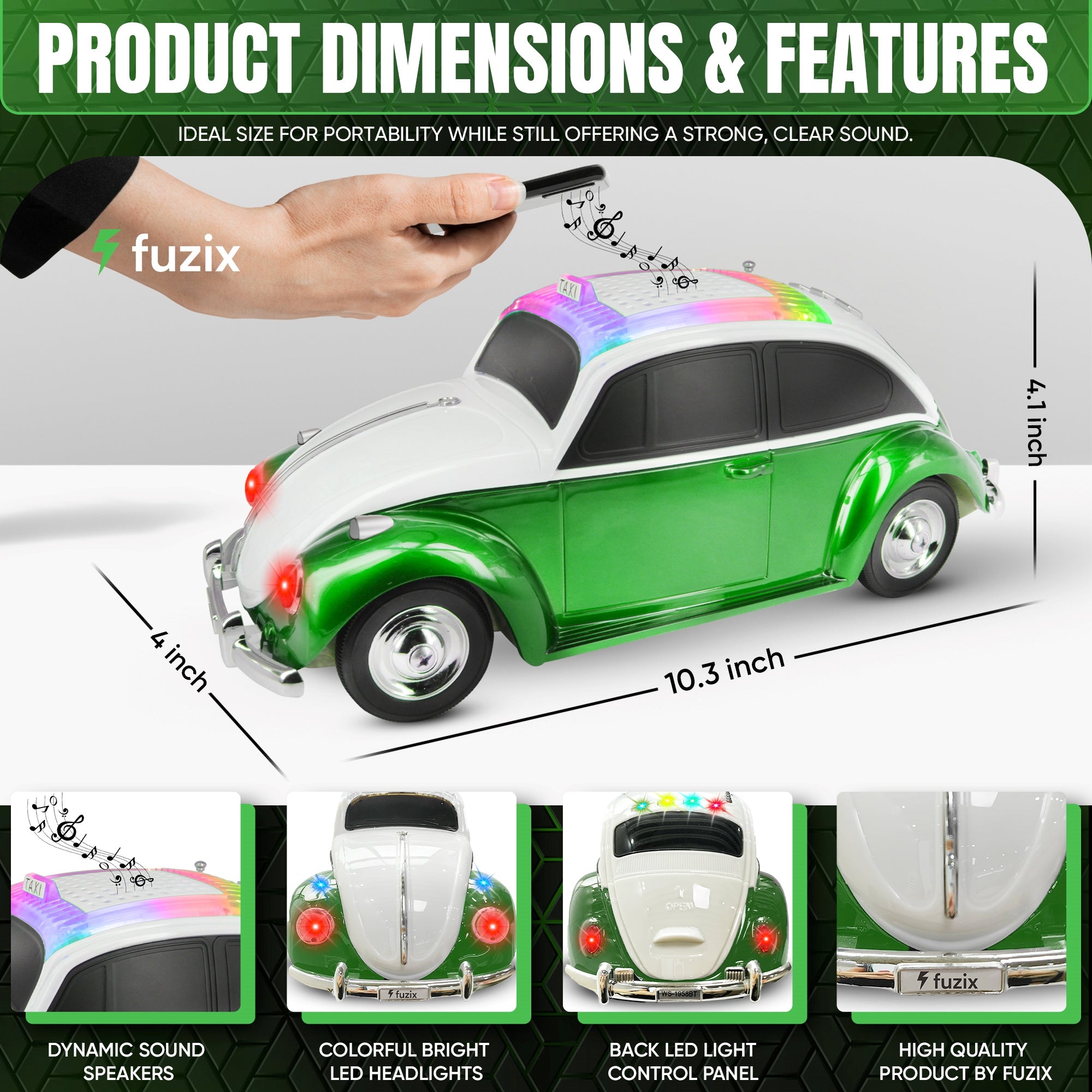 Fuzix WS-1958 Car Bluetooth Portable Speaker, Retro Car-Style Wireless Stereo Speaker with LED Headlights and Taillights, AUX/USB/TF/FM Radio Support, Rechargeable Battery, Clear and Powerful Sound Quality, Multiple Playback Modes, High-Quality Festival G