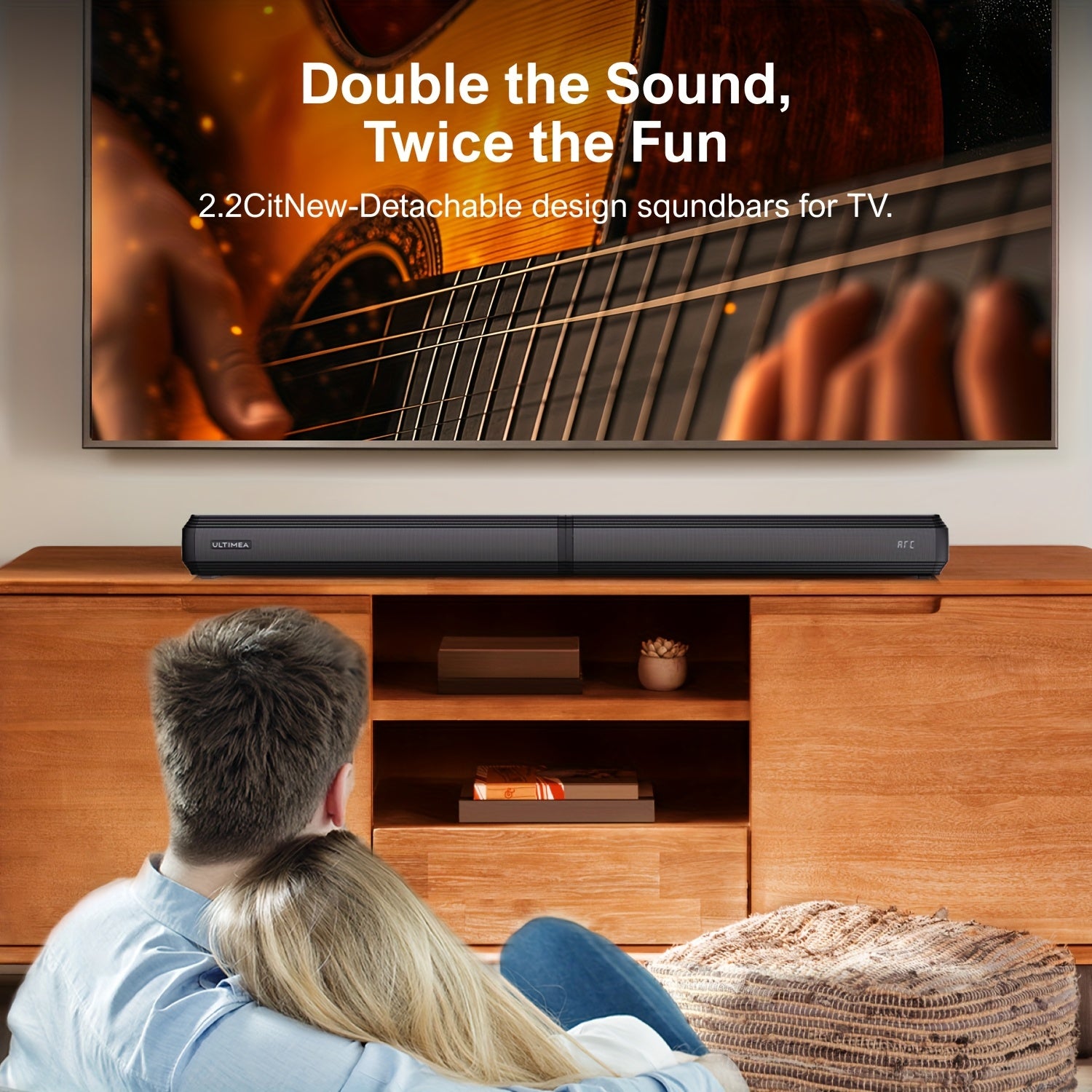 ULTIMEA 2.2ch Sound Bar for Smart TV, Peak Power 100W, 2-in-1 Detachable Soundbar for TV, Bass Adjustable, Bluetooth 5.3, 3 EQ Modes, Optical/Aux/Wall Mount