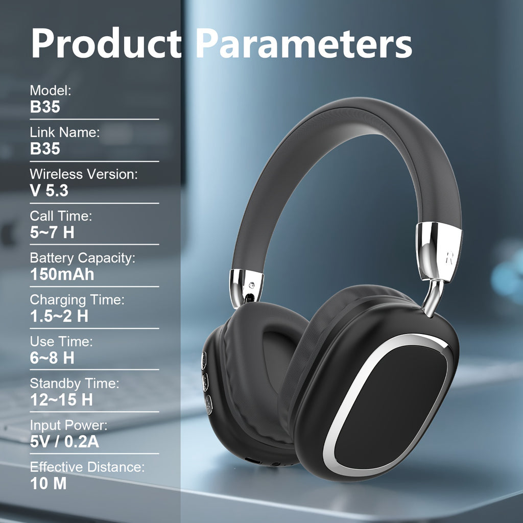 B35 Wireless Over-Ear Noise-Canceling Headphones | Wireless 5.3, Metal 90° Rotating Earpads, 6-8 Hours Of Playtime | Noise-Canceling For Immersive Sound | Compatible With Ios, Android, And Windows | Ideal For Music, Gaming, And Commuting