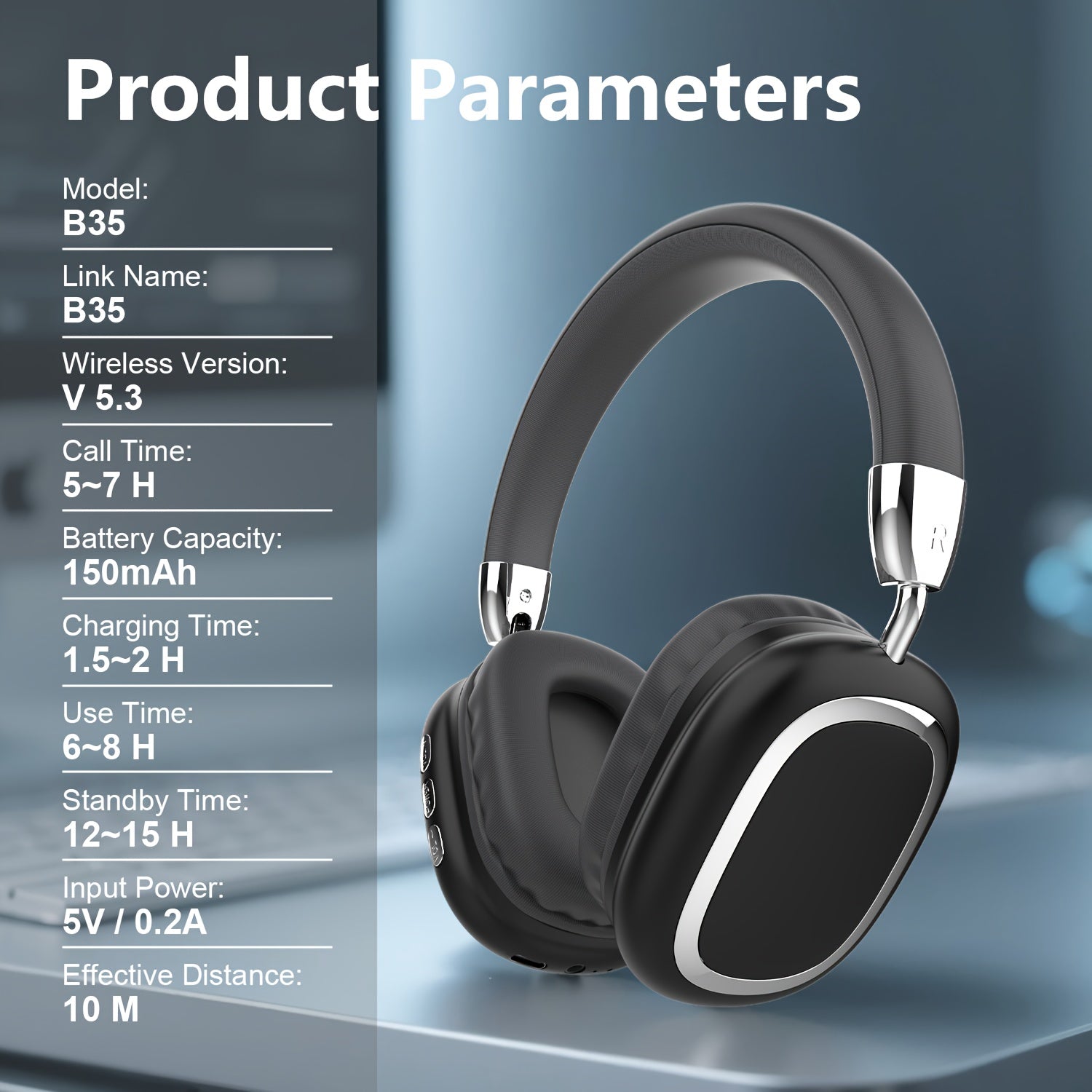 B35 Wireless Over-Ear Noise-Canceling Headphones | Wireless 5.3, Metal 90° Rotating Earpads, 6-8 Hours Of Playtime | Noise-Canceling For Immersive Sound | Compatible With Ios, Android, And Windows | Ideal For Music, Gaming, And Commuting