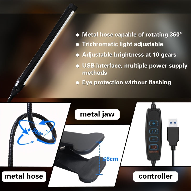 A Clip-On LED Desk Lamp Suitable for Home Office Use, Offering Three Lighting Modes And Ten Brightness Settings, with a Long Flexible Gooseneck And Swing Arm for Focused Lighting, Powered by USB, in Black Color