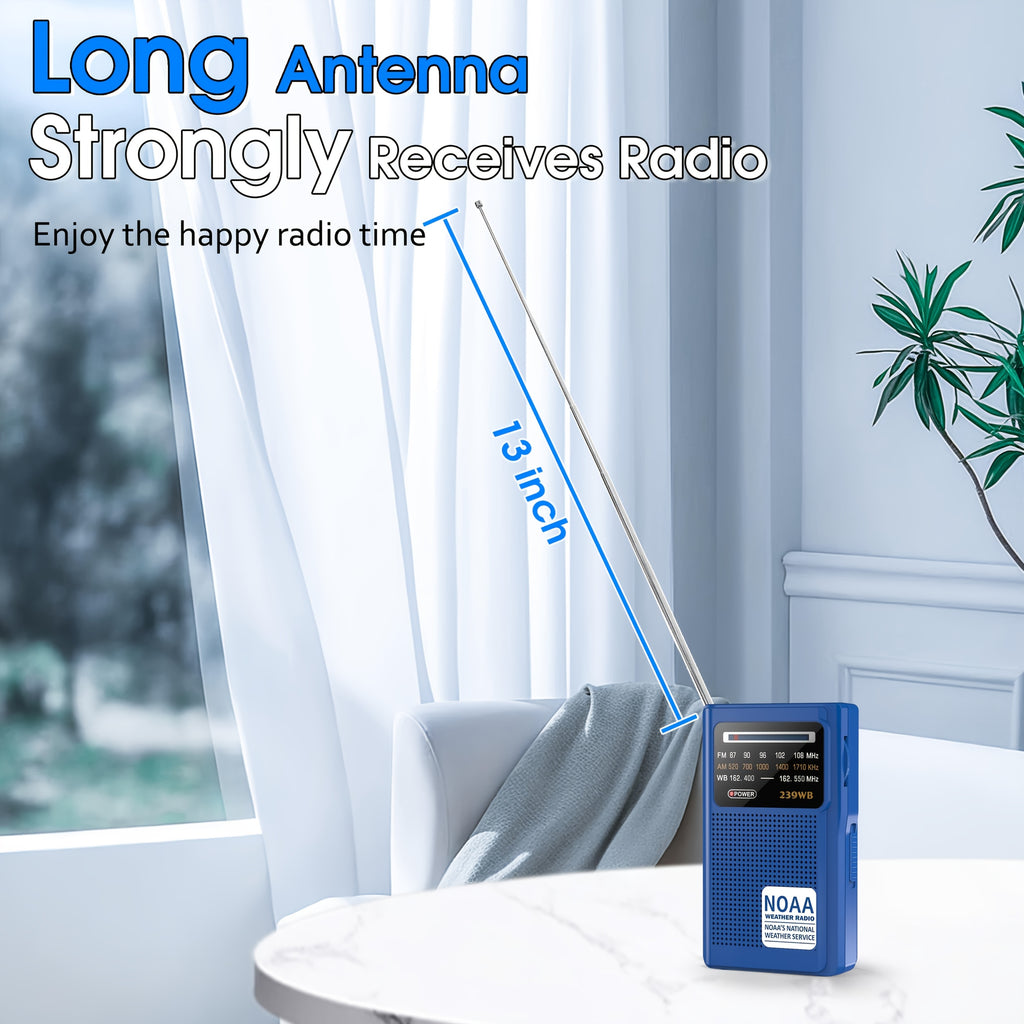 NOAA Weather Radio, AM FM Radio Battery Operated By 2 AA Transistor Radio With Best Reception, Stereo Earphone Jack, For Emergency, Hurricane, Running, Walking, Home, Winter Storm(Blue)