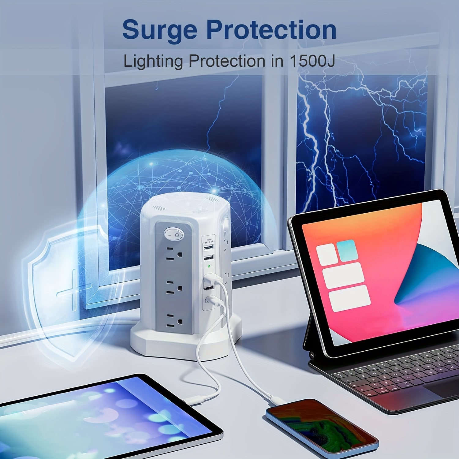 Angled Flat Plug 12 AC Outlets Power Strip Tower with USB C Port(PD18W/PD20W), Surge Protector Power Tower with 5 USB Ports, Extension Cord Desktop Power Strip for Home Office DormRoom