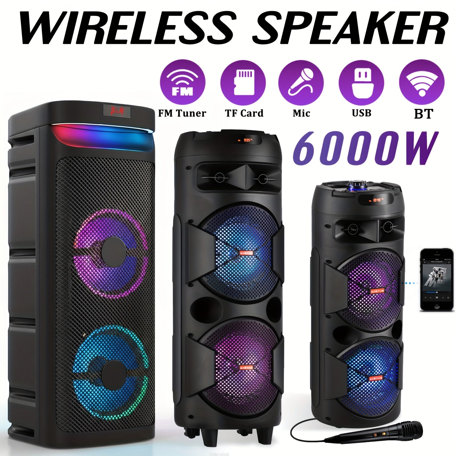 Wireless Party Speaker with Dual Subwoofers, RGB Lighting, FM Radio, USB/TF Playback, TWS Pairing, And 20 Hours of Playtime