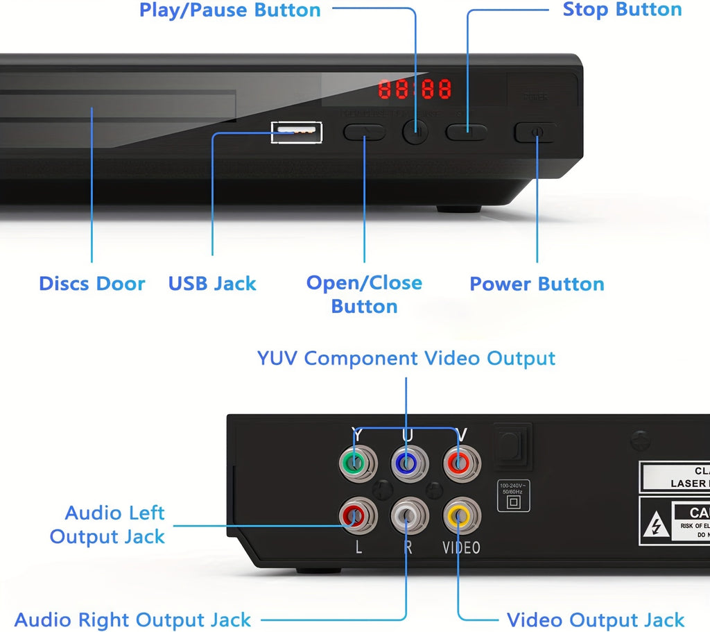 DVD Player For TV, DVD Player That Plays All Regions, Simple DVD Player For Seniors (US Plug), CD Player For Home Stereo System, HD 1080p, All Regions With AV Output USB Remote Control