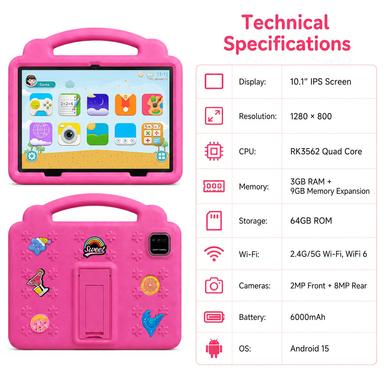 Android 15 10.1-inch Kids' Tablet! 12GB RAM (3+9GB Expansion) And 64GB ROM, Expandable to 1TB, 1280*800 IPS HD Screen, Dual Band WiFi6, 6000mAh Battery, Dual Cameras, Parental Controls, Pre-installed Apps/games, Durable Protective Case Is Included.