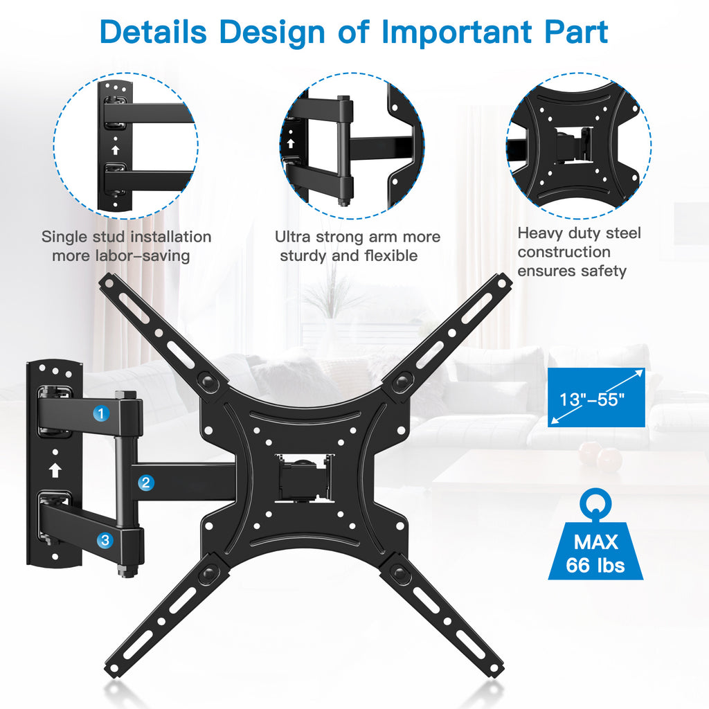 Up To 66/77Lbs Full Motion Tv Wall Mount For Most 26-55/26-60 Inch Tvs | Stainless Steel Wall Mount Tv Bracket With Swivel & Extension Arm, Tilt, Leveling, Max Vesa 400X400Mm