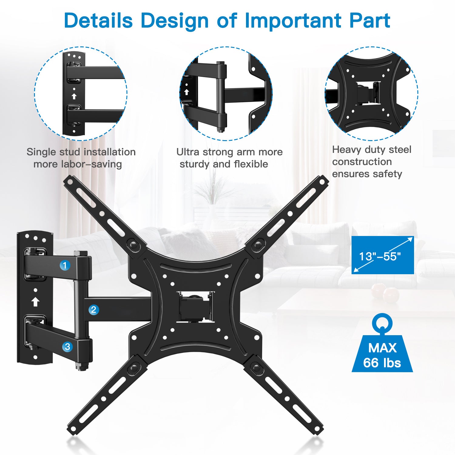 Up To 66/77Lbs Full Motion Tv Wall Mount For Most 26-55/26-60 Inch Tvs | Stainless Steel Wall Mount Tv Bracket With Swivel & Extension Arm, Tilt, Leveling, Max Vesa 400X400Mm